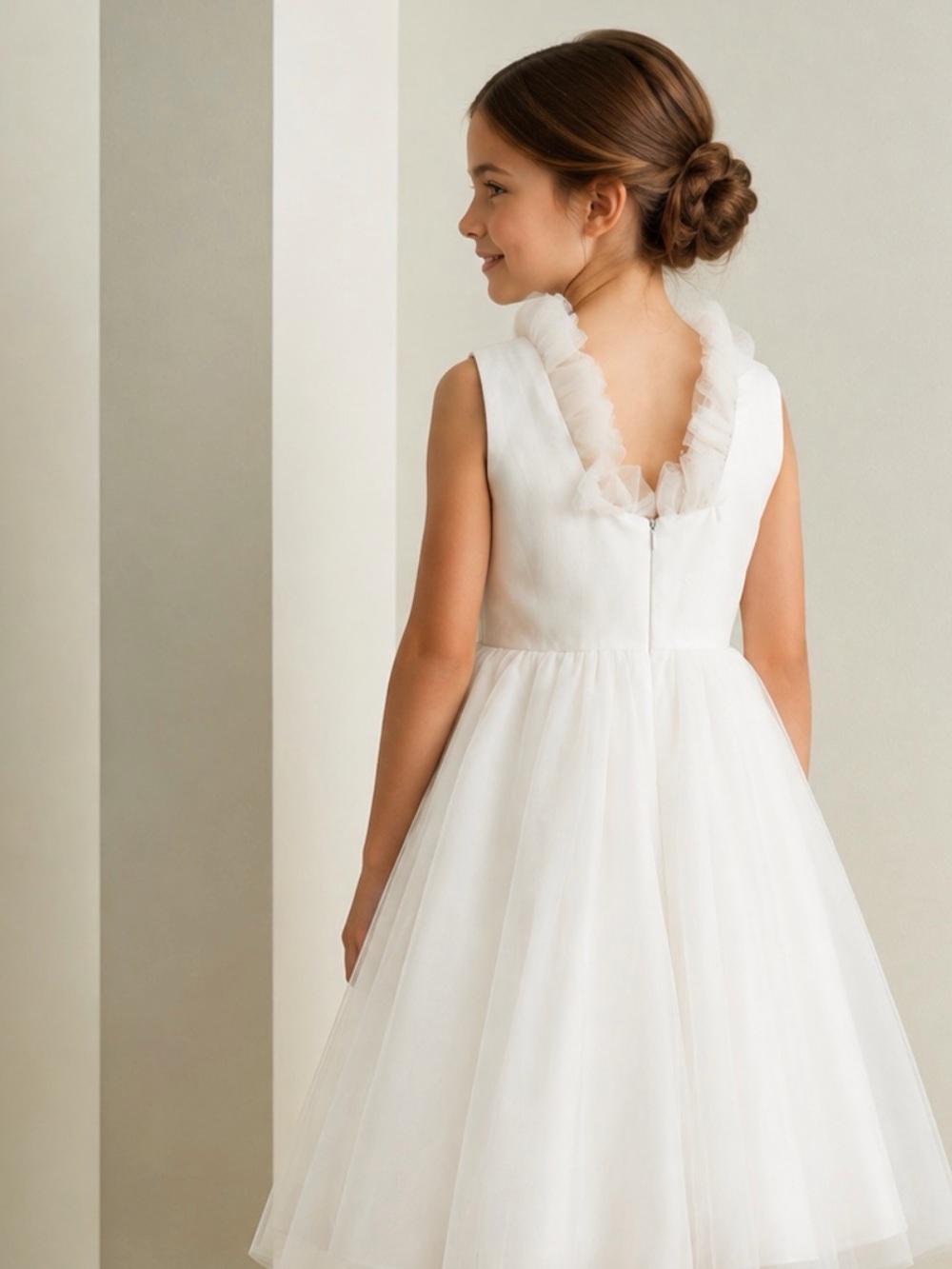 KIDS | Girls Elegant White Sleeveless Dress with tulle collar  | Size 7